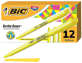 HIGHLIGHTER, BIC, CHISEL TIP, YELLOW, 12/CT LARGE